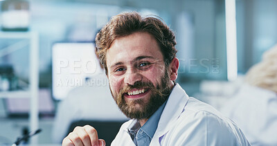 Buy stock photo Smile, man and portrait of scientist in laboratory with confidence for medical research. Happy, professional and male biologist with pride for pharmaceutical development, healthcare or innovation.