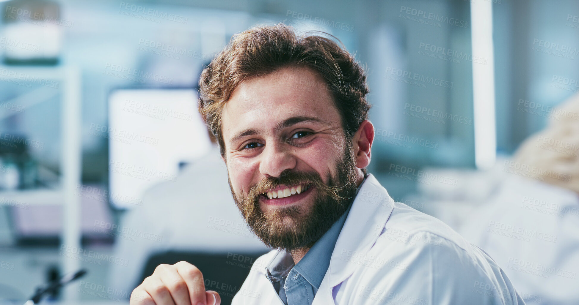 Buy stock photo Smile, man and portrait of scientist in laboratory with confidence for medical research. Happy, professional and male biologist with pride for pharmaceutical development, healthcare or innovation.