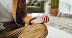 Zen, hands and meditation for inner peace in home, mindfulness and wellness with spiritual awareness. Calm, person and self care for mental health on break, mudra and healing with yoga and balance