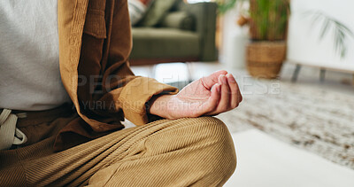 Buy stock photo Zen, hands and meditation for inner peace in home, mindfulness and wellness with spiritual awareness. Calm, person and self care for mental health on break, mudra and healing with yoga and balance