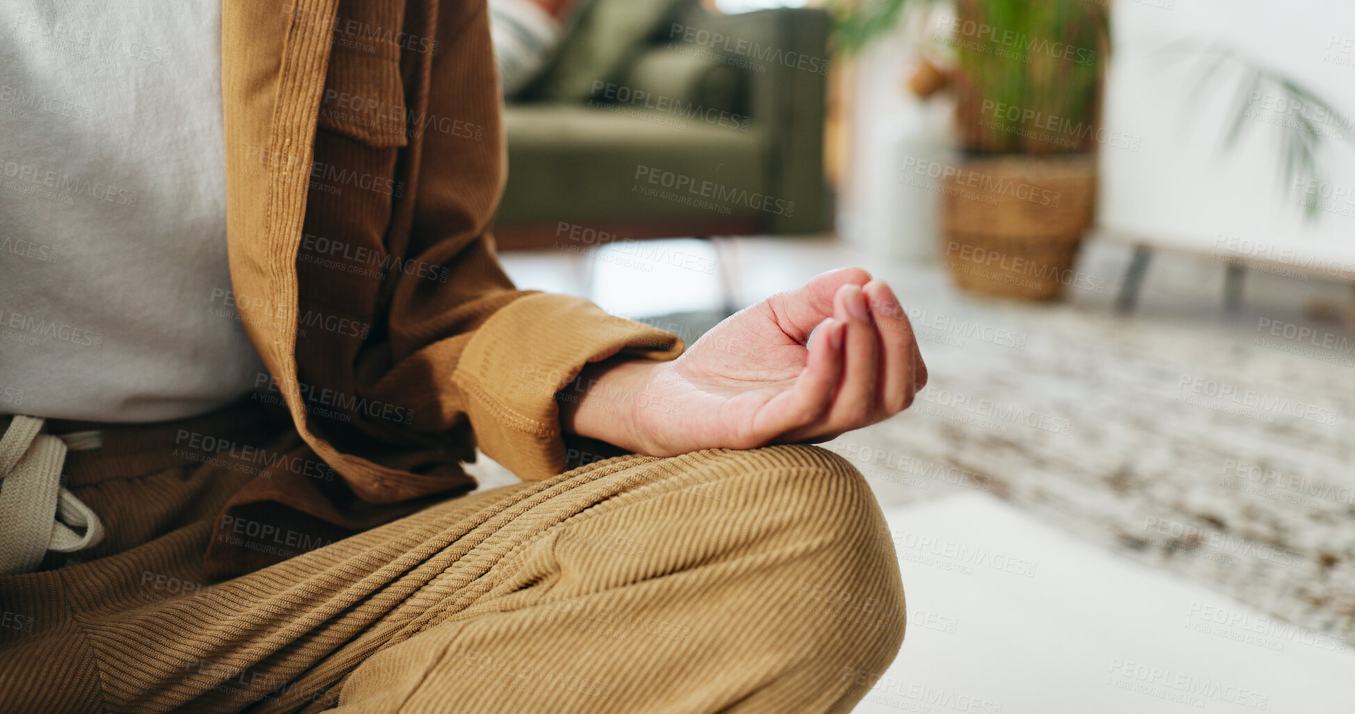 Buy stock photo Zen, hands and meditation for inner peace in home, mindfulness and wellness with spiritual awareness. Calm, person and self care for mental health on break, mudra and healing with yoga and balance