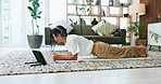 Exercise, headphones and tablet with Asian man in home living room for health or training routine. Fitness, plank and video streaming with person on floor in apartment for online course or tutorial