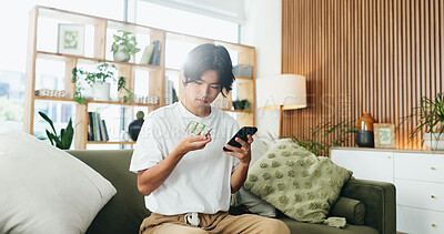 Buy stock photo Man, phone and pills on sofa with search for side effects, ingredients or allergies on web at home. Person, smartphone and check medicine on mobile app, supplements and drugs for wellness in house