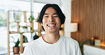 Happy man, portrait and laughing with teeth in home for dental care, hygiene or cleaning. Face, male person or smile with positive attitude or expression for tooth, mouth or oral healthcare in house