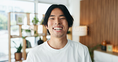 Buy stock photo Happy man, portrait and laughing with teeth in home for dental care, hygiene or cleaning. Face, male person or smile with positive attitude or expression for tooth, mouth or oral healthcare in house