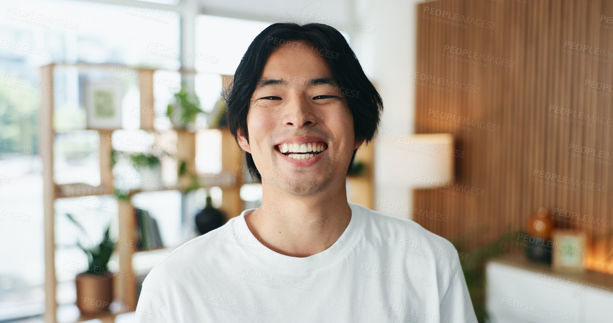 Buy stock photo Happy man, portrait and laughing with teeth in home for dental care, hygiene or cleaning. Face, male person or smile with positive attitude or expression for tooth, mouth or oral healthcare in house