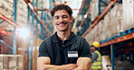 Happy man, portrait and logistics with confidence in warehouse for storage or shipping service. Male person, supplier or distributor with smile or arms crossed for supply chain or freight in depot