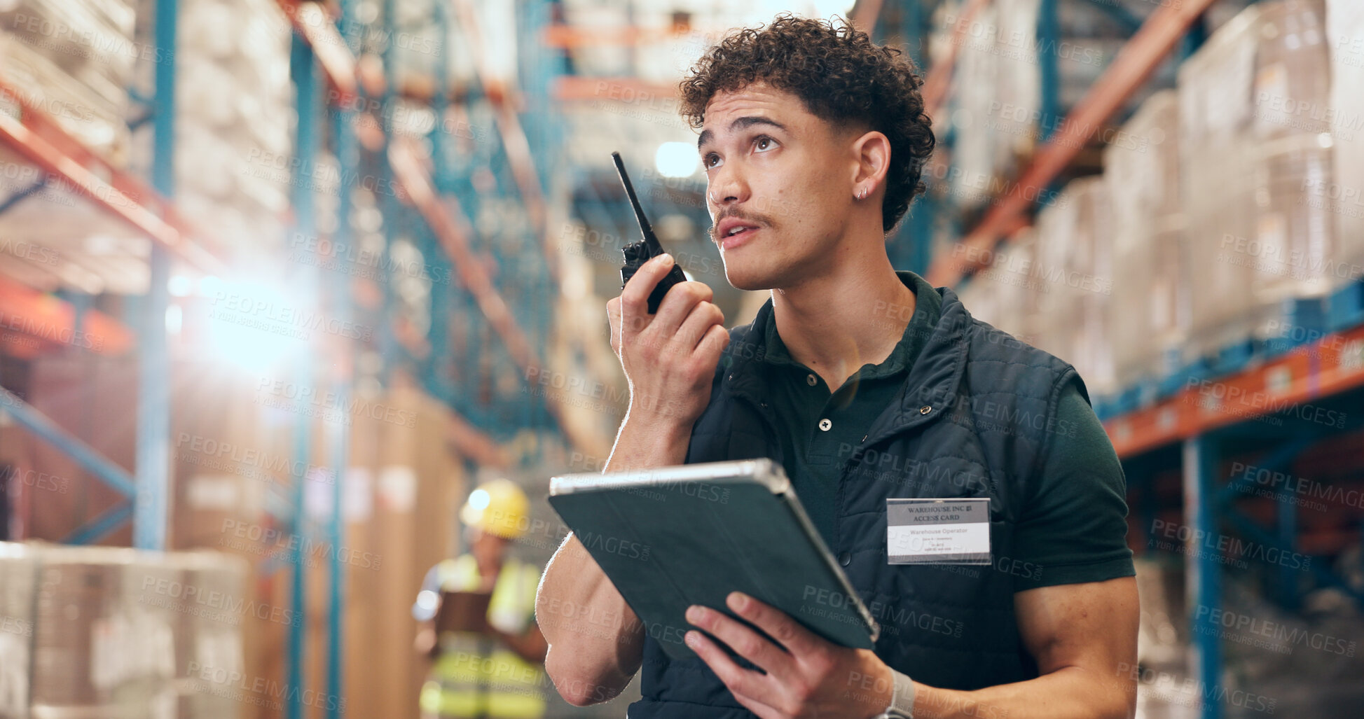 Buy stock photo Radio, talking and man on tablet in warehouse for inspection, online inventory and stock checklist. Supervisor, factory and person on tech with communication for logistics, shipping or distribution