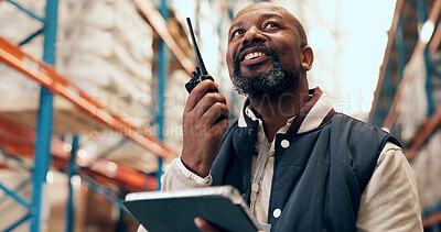 Buy stock photo Radio, talking and black man on tablet in factory for inspection, online inventory and delivery. Supervisor, warehouse and mature person on tech with contact for logistics, shipping or distribution