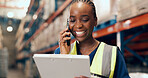 Phone call, clipboard and black woman in warehouse for inventory, inspection or stock checklist. Supervisor, factory and person on smartphone for communication for logistics, shipping or distribution