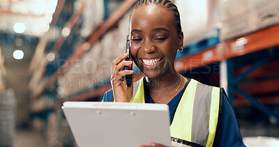 Buy stock photo Phone call, clipboard and black woman in warehouse for inventory, inspection or stock checklist. Supervisor, factory and person on smartphone for communication for logistics, shipping or distribution