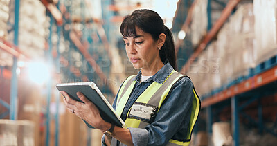 Buy stock photo Logistics, tablet and research with woman in warehouse for inspection checklist, cargo storage or freight. Supply chain inventory, distribution advisor and online report with mature person in factory