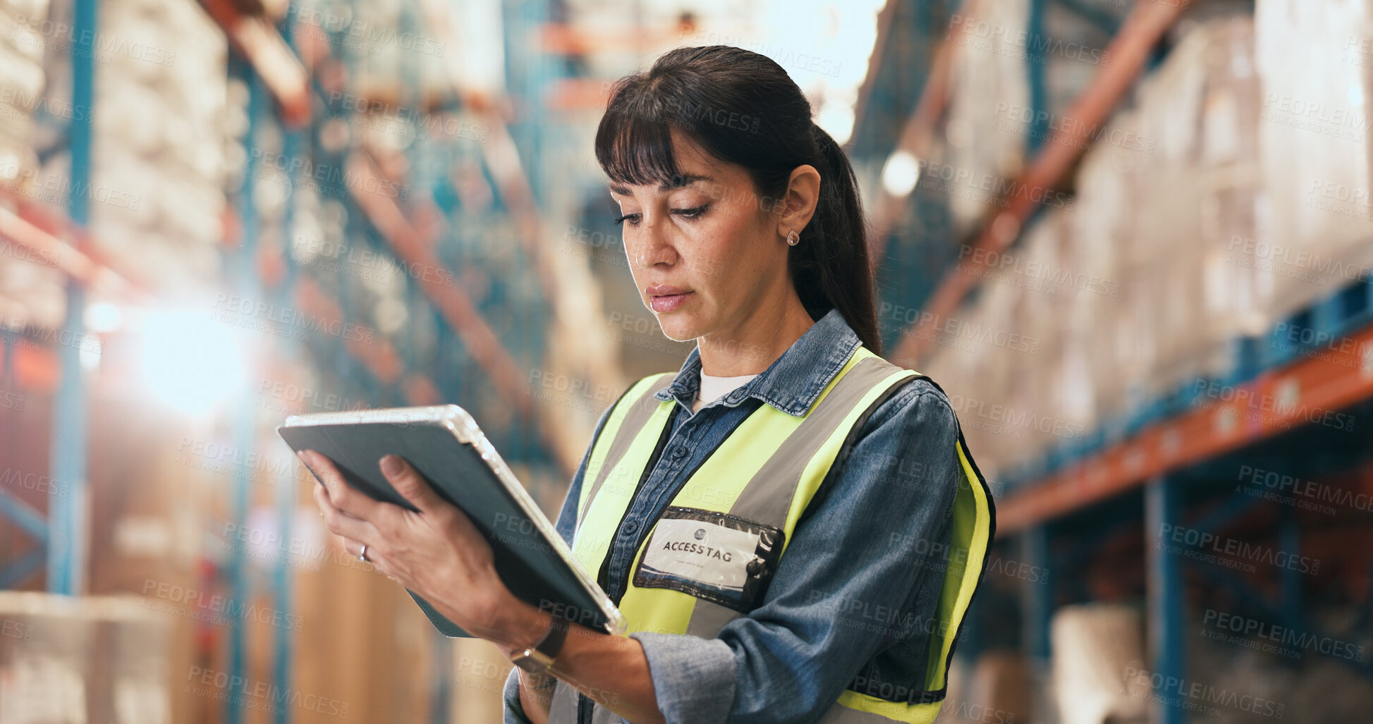 Buy stock photo Logistics, tablet and research with woman in warehouse for inspection checklist, cargo storage or freight. Supply chain inventory, distribution advisor and online report with mature person in factory