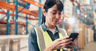 Buy stock photo Logistics, supplier and woman with smartphone in warehouse, distribution or chat with contact on web. Happy, mature person and texting with mobile in factory, online and planning for stock delivery
