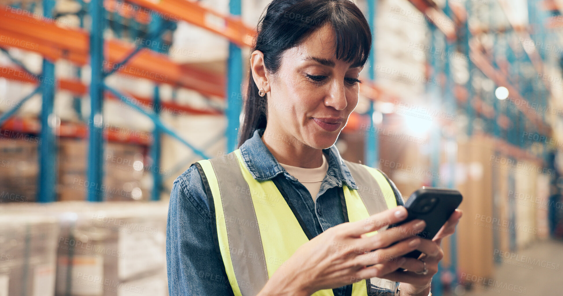 Buy stock photo Logistics, supplier and woman with smartphone in warehouse, distribution or chat with contact on web. Happy, mature person and texting with mobile in factory, online and planning for stock delivery
