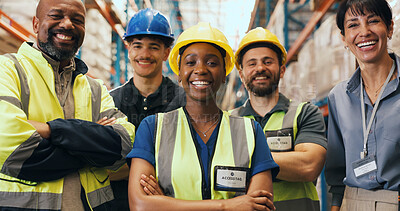 Buy stock photo Logistics, team and smile portrait in warehouse for quality control, stock distribution and about us. Leader, people and arms crossed in storage facility for supply chain, cargo export and inspection