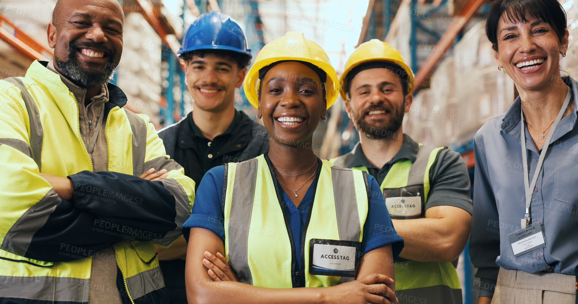 Buy stock photo Logistics, team and smile portrait in warehouse for quality control, stock distribution and about us. Leader, people and arms crossed in storage facility for supply chain, cargo export and inspection