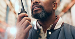 Black man, talking or warehouse with radio for logistics, supply chain or storage in depot. Male person, supplier or distributor with audio signal, sound or communication for distribution or shipping