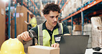 Logistics, scanner and man with laptop in warehouse, ecommerce and stock quality assurance with tech. Factory, supplier and person with digital equipment for order, inventory and tracking barcode