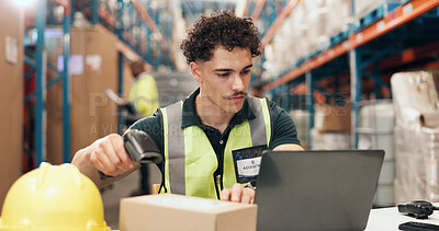 Buy stock photo Logistics, scanner and man with laptop in warehouse, ecommerce and stock quality assurance with tech. Factory, supplier and person with digital equipment for order, inventory and tracking barcode