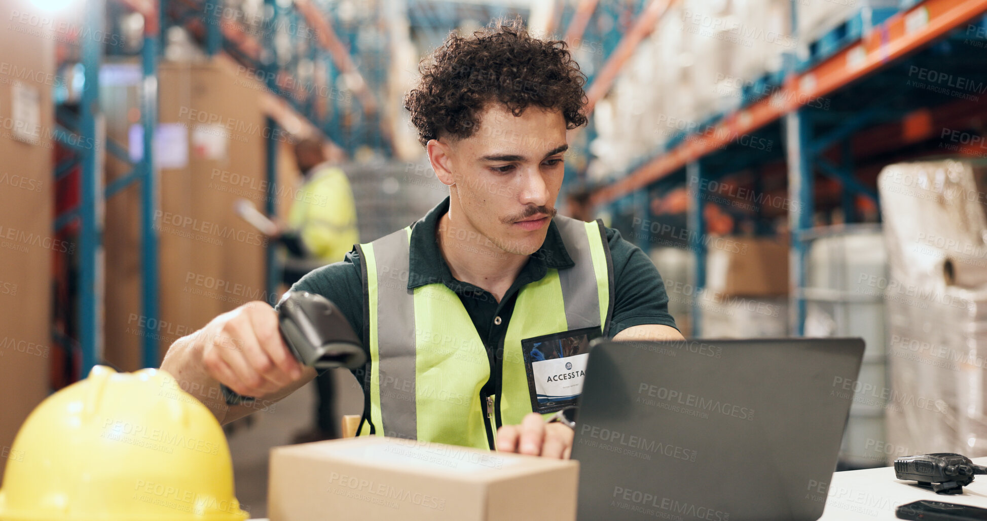 Buy stock photo Logistics, scanner and man with laptop in warehouse, ecommerce and stock quality assurance with tech. Factory, supplier and person with digital equipment for order, inventory and tracking barcode