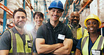 Happy, business people and portrait with team in warehouse for logistics or supply chain service. Group, employees or colleagues with smile or confidence for about us or inclusion in storage depot