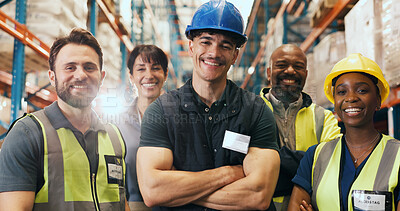 Buy stock photo Happy, business people and portrait with team in warehouse for logistics or supply chain service. Group, employees or colleagues with flare or confidence for about us or inclusion in storage depot