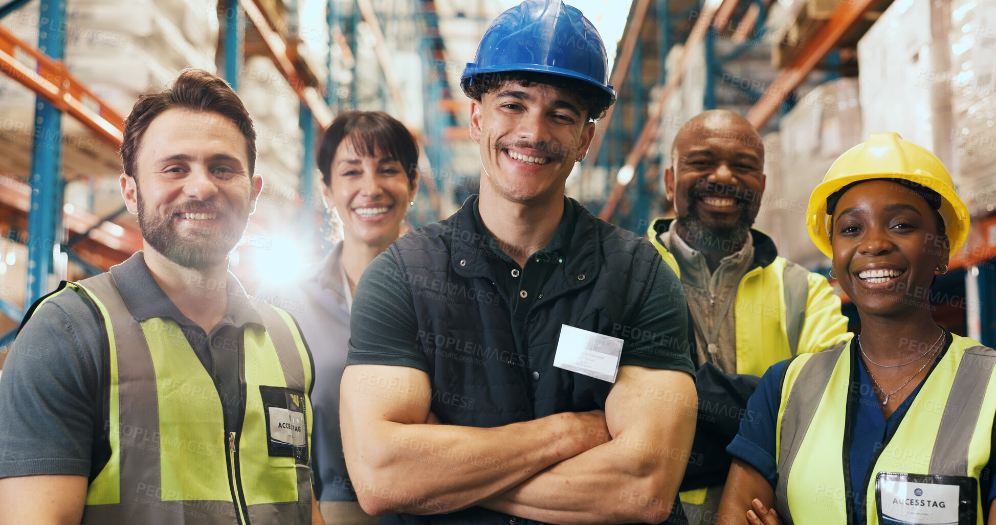 Buy stock photo Happy, business people and portrait with team in warehouse for logistics or supply chain service. Group, employees or colleagues with flare or confidence for about us or inclusion in storage depot