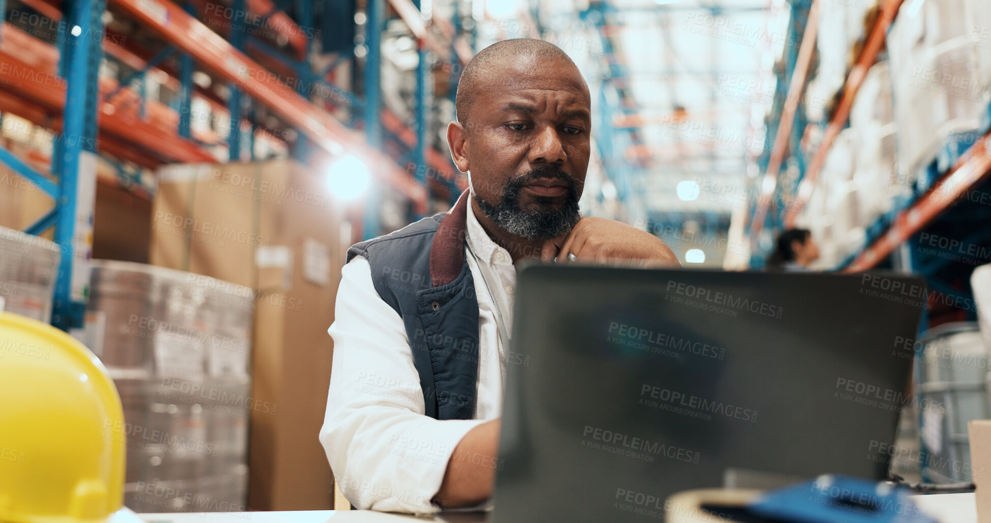 Buy stock photo Logistics, serious and man with laptop in warehouse, supply chain or stock quality assurance on web. Shipping, online and mature person with tech for order distribution, reading and inventory on app