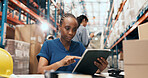 Logistics, scroll and woman with tablet in warehouse, supply chain or stock quality assurance on web. Shipping, online and person with tech for order distribution, reading and inventory management