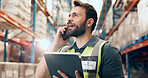 Logistics, phone call and man with tablet in warehouse, supply chain and communication with supplier. Shipping, factory and person with mobile for chat, distribution and planning for stock delivery