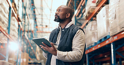 Buy stock photo Black man, logistics or inventory with clipboard for checklist or stock control in depot. Male person, employee or checking shipping with list for supply chain, export or import business in warehouse