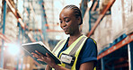 Black woman, logistics and inventory with tablet in warehouse for stock control or checklist. Female person, employee or checking with technology app for shipping storage, maintenance or security