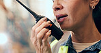 Woman, talking and warehouse with radio for logistics, supply chain or storage in depot. Female person, supplier or distributor with audio signal, sound or communication for distribution or shipping