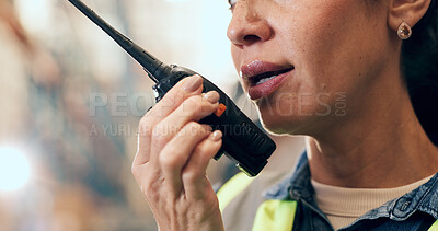 Buy stock photo Woman, talking and warehouse with radio for logistics, supply chain or storage in depot. Female person, supplier or distributor with audio signal, sound or communication for distribution or shipping