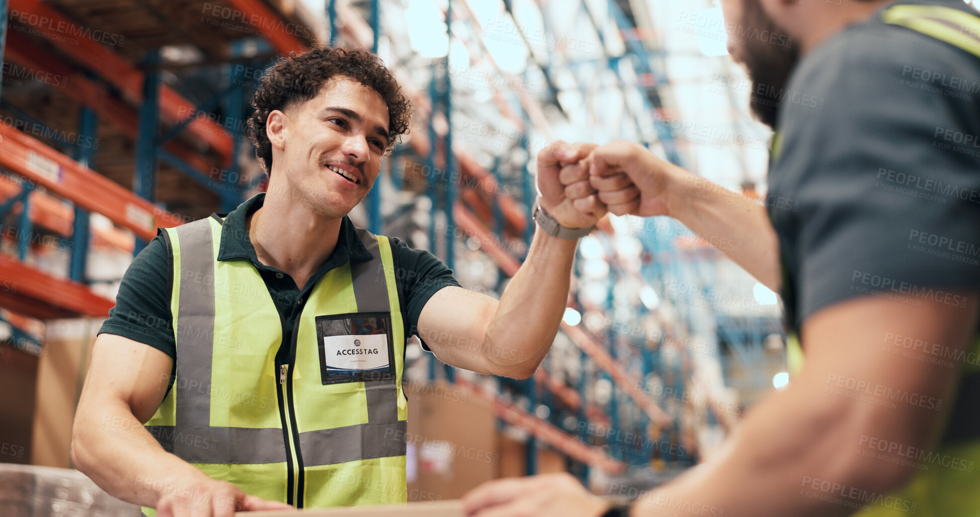 Buy stock photo Teamwork, fist bump and men with help in warehouse for supply chain, inventory and stock inspection. Gesture, factory and people with package for logistics, ecommerce and distribution for delivery