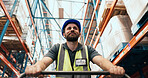 Walking, shipping and man with trolley in warehouse for supply chain, inventory and stock inspection. Supervisor, low angle and person in aisle for logistics, ecommerce or distribution for cargo