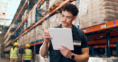 Buy stock photo Logistics, supervisor and man with clipboard in factory, supply chain or quality assurance for stock. Writing, notes and person with checklist for goods distribution, shipping and planning for export