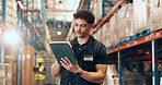 Businessman, logistics and checking inventory with tablet in warehouse for stock control. Man, employee or checklist with technology for shipping storage, freight maintenance or security in depot