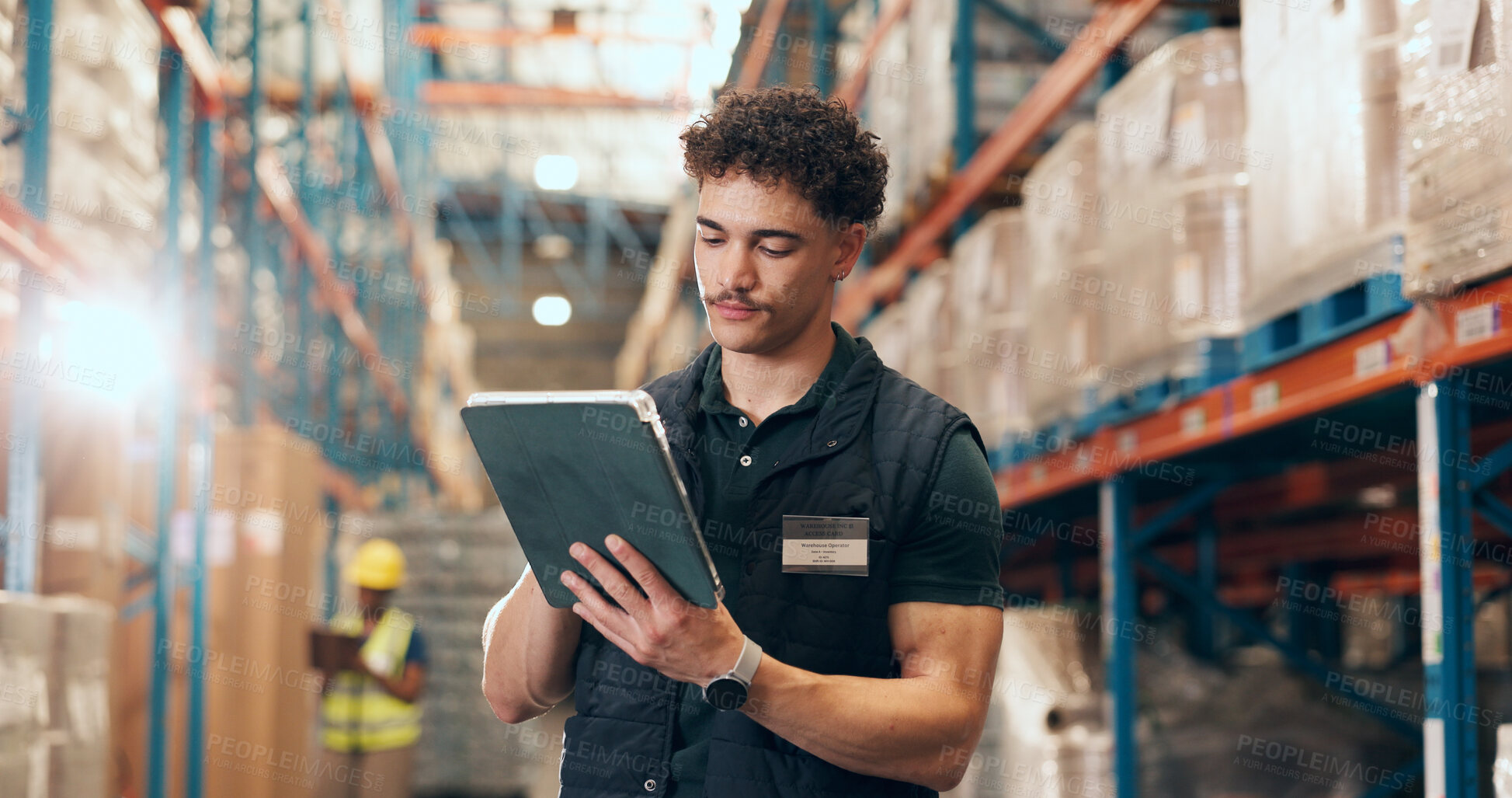 Buy stock photo Man, logistics and checking inventory with tablet in warehouse for stock control. Person, employee or checklist with technology for shipping storage, freight maintenance or security in depot