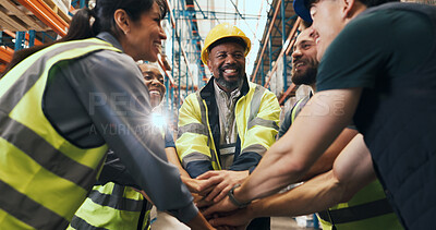 Buy stock photo Smile, people and hand stack for logistics in warehouse with partnership, agreement and inventory. Happy, staff and teamwork for supply chain, shipping success and achievement for cargo distribution