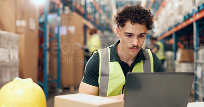 Buy stock photo Logistics, supplier and man with laptop in warehouse, supply chain or stock quality assurance on web. Shipping, online and person with tech for order distribution, reading and inventory in factory