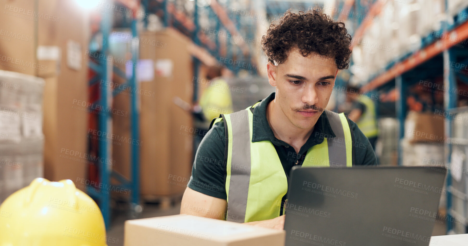 Buy stock photo Logistics, supplier and man with laptop in warehouse, supply chain or stock quality assurance on web. Shipping, online and person with tech for order distribution, reading and inventory in factory