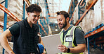 Logistics, team and men with clipboard in warehouse, discussion and planning for stock distribution. Happy, supplier and people with documents for supply chain, shipping and goods delivery schedule