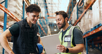 Buy stock photo Logistics, team and men with clipboard in warehouse, discussion and planning for stock distribution. Happy, supplier and people with documents for supply chain, shipping and goods delivery schedule