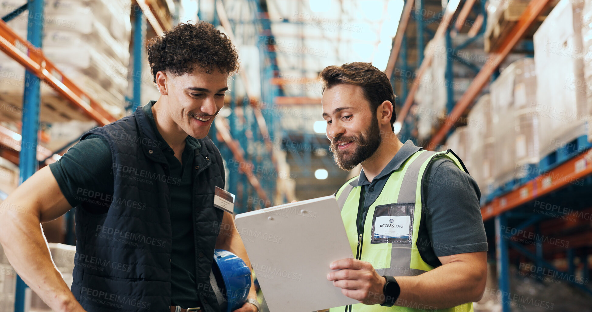 Buy stock photo Logistics, team and men with clipboard in warehouse, discussion and planning for stock distribution. Happy, supplier and people with documents for supply chain, shipping and goods delivery schedule
