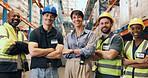 Logistics, team and arms crossed portrait in warehouse for cargo export, distribution and about us. Supervisor, people and happy in storage facility for shipping, quality control and order fulfilment