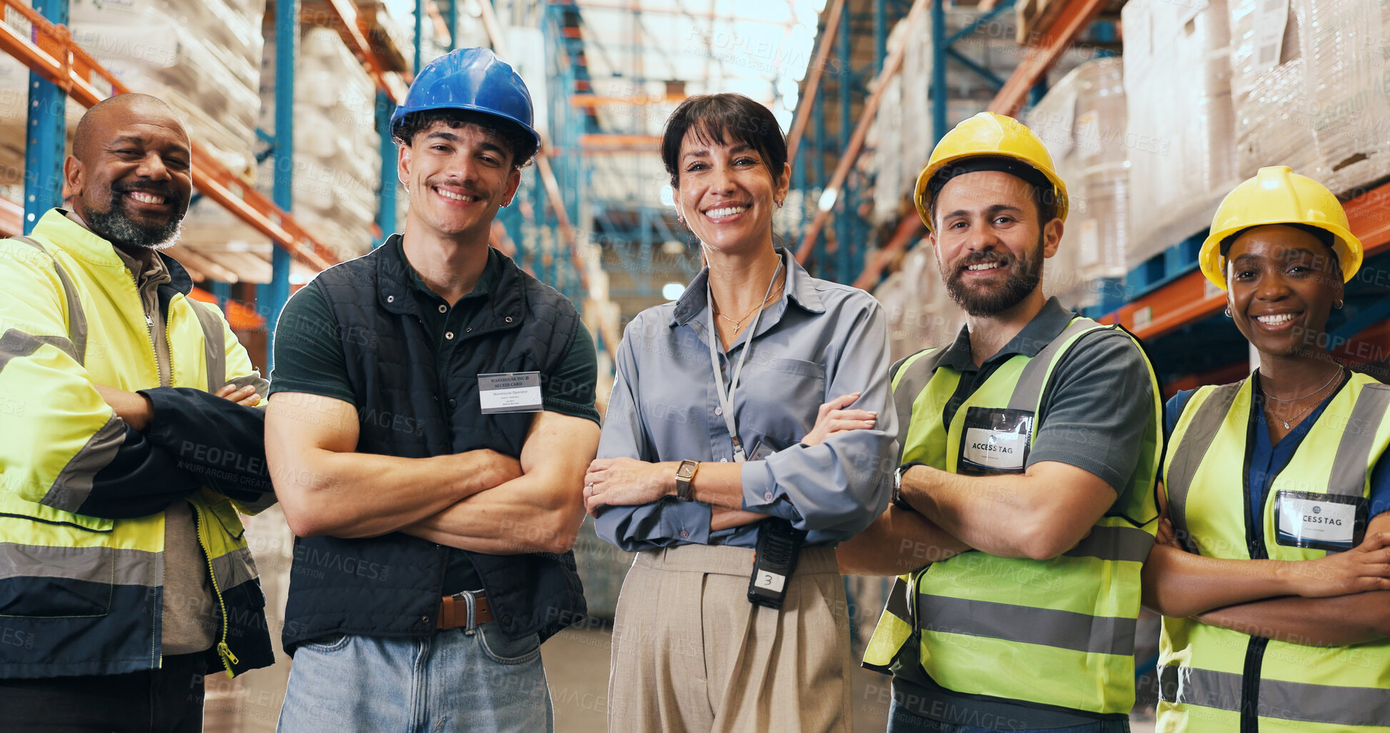 Buy stock photo Logistics, team and arms crossed portrait in warehouse for cargo export, supply chain or about us. Supervisor, people and happy in storage facility for shipping, quality control or order distribution