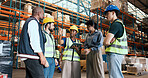 People, meeting and logistics with tablet in warehouse for inspection, shipping and inventory checklist. Team, talking and digital for schedule update, quality assurance and planning for distribution