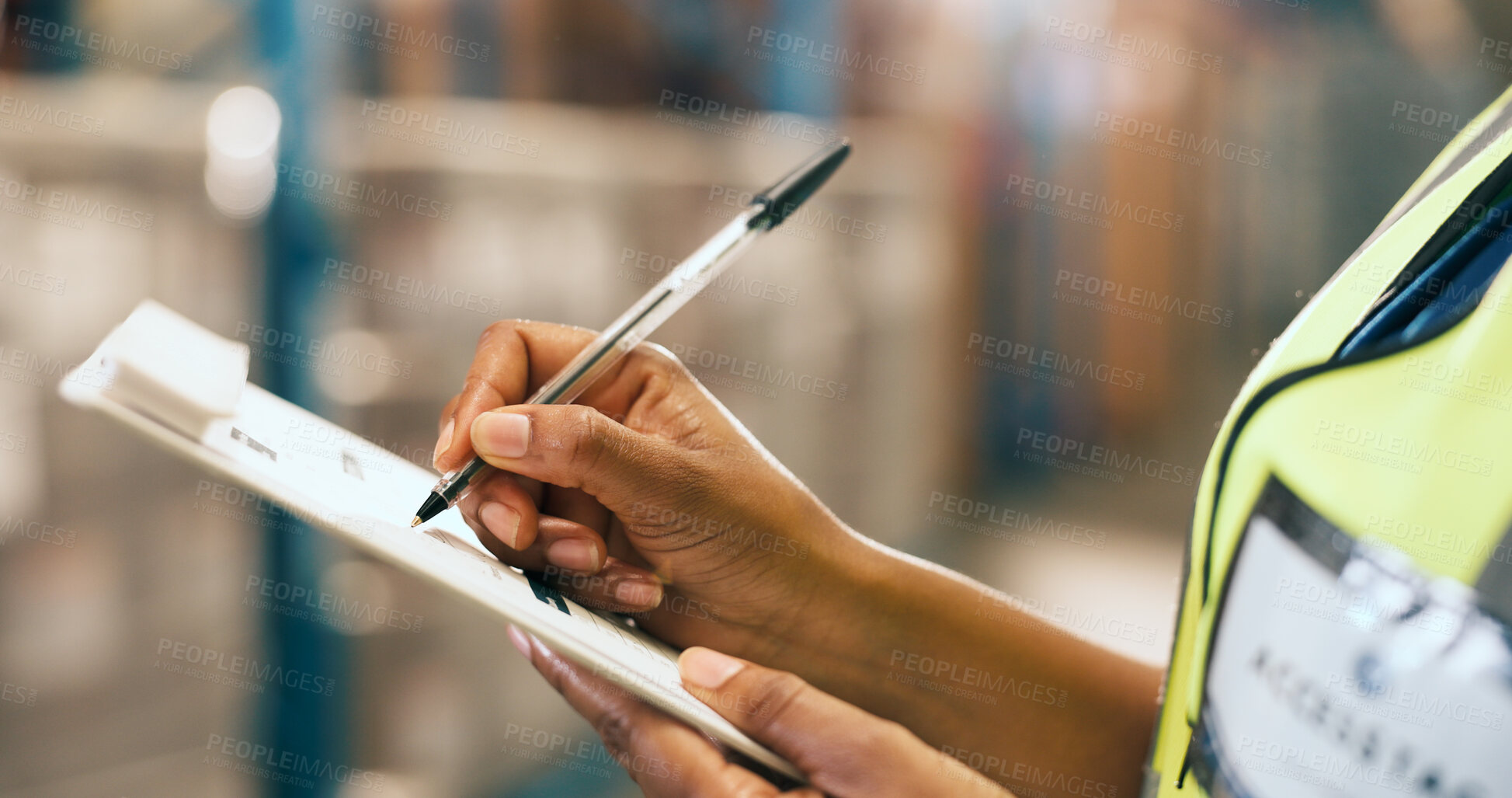 Buy stock photo Logistics, writing and hands with clipboard in warehouse, supply chain and quality assurance report. Factory, notes and person with checklist for stock distribution, shipping or inspection for export